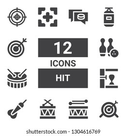 hit icon set. Collection of 12 filled hit icons included Target, Drum, Drums, Dart, Punching bag, Bowling, Puck