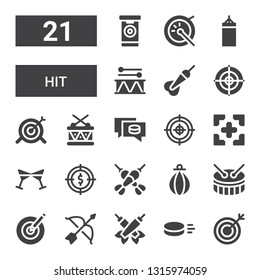 hit icon set. Collection of 21 filled hit icons included Target, Puck, Darts, Archery, Dartboard, Drum, Punching bag, Cheers, Dart
