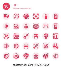 hit icon set. Collection of 30 filled hit icons included Puck, Archery, Drum, Target, Punching bag, Cheers, Darts, Dart, Dartboard, Finger, Bowling
