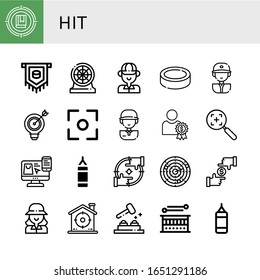 hit icon set. Collection of Target, Puck, Darts, Golfer, Baseball player, Focus, Golf player, Reward, Choose, Punching bag, Dart, Whack a mole, Drum icons