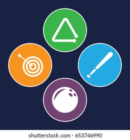 Hit icons set. set of 4 hit filled icons such as target, triangle musical instrument, baseball bat