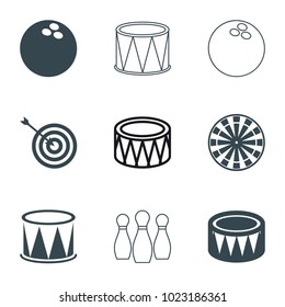 Hit icons. set of 9 editable filled and outline hit icons such as target, drum, bowling ball, dart
