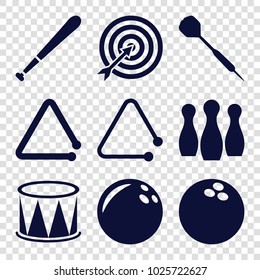 Hit icons. set of 9 editable filled hit icons such as bowling ball, triangle musical instrument, dart, baseball bat, target, bowling