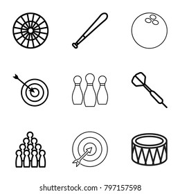 Hit icons. set of 9 editable outline hit icons such as target, bowling, dart, drum, baseball bat