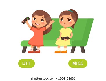 Hit and miss antonyms word card vector template. Concepto opuesto. Flashcard para el aprendizaje del inglés. Niña ganó un juego de computadora y es feliz, otra niña no está contenta de perder