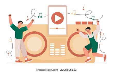 Hit music concept. Men dancing near radio with smartphone. Party and event, holiday and festival. Young guys in nightclub. Team of radio DJ, disc jockeys. Cartoon flat vector illustration