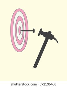 Hit Nail in target by hammer. Abstract target achievement straight forward strategy concept. Vector illustration.