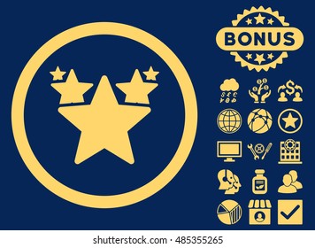 Hit Parade icon with bonus design elements. Vector illustration style is flat iconic symbols, yellow color, blue background.