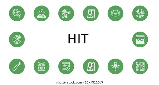 hit simple icons set. Contains such icons as Target, Whack a mole, Golfer, Puck, Dart, Baseball bat, Drum, Reward, Samba, can be used for web, mobile and logo