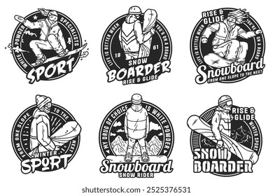 Hit the slopes with six monochrome snowboarder emblems perfect for apparel and merchandise. Feel the thrill of shredding the snow like a pro. Let these badges inspire your next adventure.