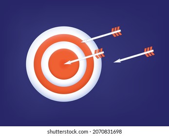 Hit the target 3d icon . Accurate objective with an arrow, winner. Goal achievement in business, process, result. Strategy, performance and success concept. Purpose and Victory. Vector illustration