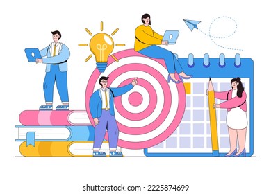 Hit the target with an arrow, People working together to achieve business target. Goal achievement and in time concept. Flat cartoon character design for landing page, web mobile and banner.