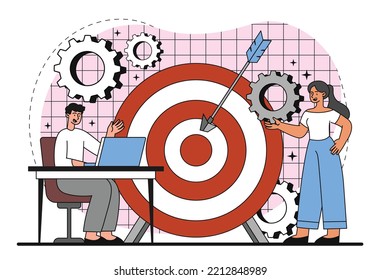 Hit target concept. Man with laptop and woman next to darts. Metaphor of leadership and motivation. Planning and strategizing. Time management and efficient workflow. Cartoon flat vector illustration