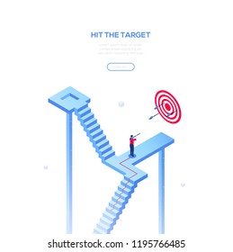 Hit the target - modern isometric vector web banner on white background with copy space for text. High quality composition with businessman shooting arrows standing on the staircase. Goal achievement