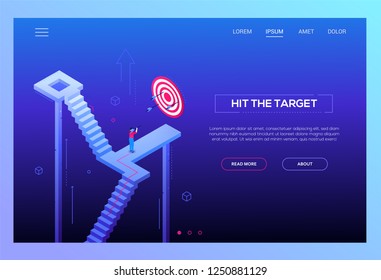 Hit the target - modern isometric vector website header on blue background with copy space for text. Landing page template with businessman shooting arrows standing on the staircase. Goal achievement