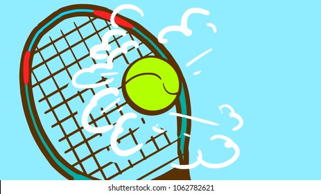 A hit with a tennis racket on the ball. tennis match. Cartoon colorful vector sketch.