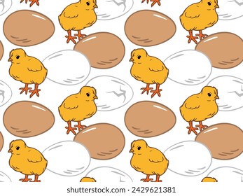 Hitched chiks, eggs seamless pattern. Easter, agroculture, organic farming background for poster, flyer, farm products package, book design. poultry farming and egg production symbol.