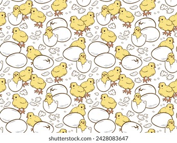 Hitched chiks, eggshell and eggs seamless pattern. Easter, agroculture, organic farming background for poster, flyer, farm products package, book design. poultry farming and egg production symbol.