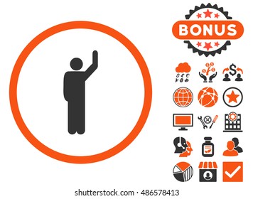 Hitchhike icon with bonus design elements. Vector illustration style is flat iconic bicolor symbols, orange and gray colors, white background.