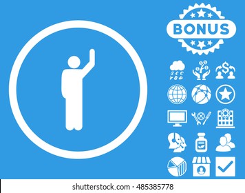 Hitchhike icon with bonus pictures. Vector illustration style is flat iconic symbols, white color, blue background.