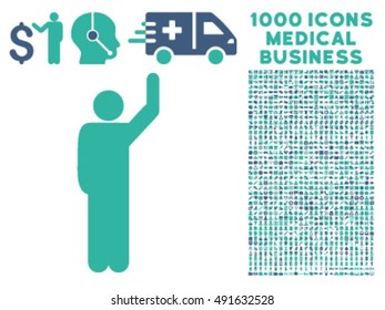 Hitchhike Pose icon with 1000 medical commerce cobalt and cyan vector pictograms. Design style is flat bicolor symbols, white background.