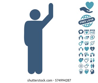 Hitchhike Pose icon with bonus dating clip art. Vector illustration style is flat iconic cyan and blue symbols on white background.