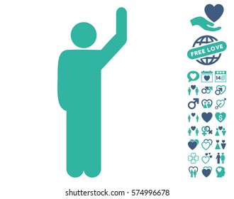 Hitchhike Pose icon with bonus lovely icon set. Vector illustration style is flat iconic cobalt and cyan symbols on white background.