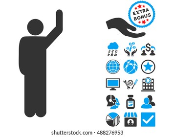 Hitchhike Pose icon with bonus symbols. Vector illustration style is flat iconic bicolor symbols, blue and gray colors, white background.
