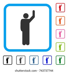 Hitchhike Pose icon. Flat gray iconic symbol in a blue rounded rectangle. Black, gray, green, blue, red, orange color additional versions of Hitchhike Pose vector. Designed for web and software UI.