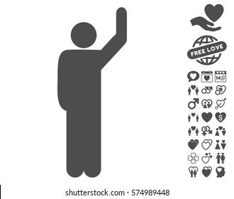 Hitchhike Pose pictograph with bonus dating pictograms. Vector illustration style is flat iconic gray symbols on white background.