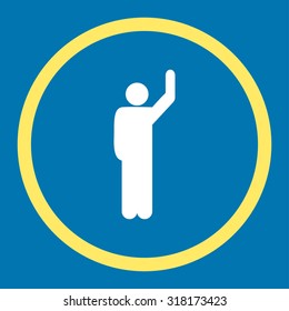 Hitchhike vector icon. This rounded flat symbol is drawn with yellow and white colors on a blue background.