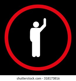 Hitchhike vector icon. This rounded flat symbol is drawn with red and white colors on a black background.