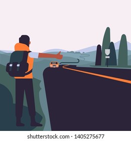 Hitchhiker character seen from behind standing on the road with a car approaching him. Travel and hitchhiking concept illustration with abstract landscape and nomad trying to get a lift