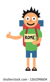 Hitchhiker is hitchhiking - low cost travelling on the road. Traveler / backpacker is traveling with backpack. Vector illustration 