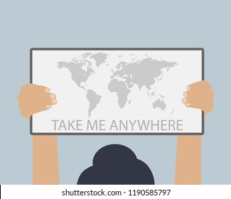 Hitchhiker holding destination banner. Take me anywhere travel concept. Have a good trip. Vector isolated illustration. 