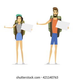 hitchhiker isolated. young woman and man with bag. hitchhiking tourism. cartoon male, female. vector hitchhiker illustration. flat style. hitch hike traveler person design. hitchhiking passenger. 
