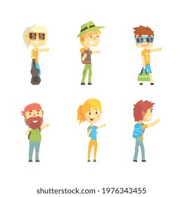 Hitchhikers with Backpacks Standing Along the Road and Thumbing or Hitching Transportation Vector Set