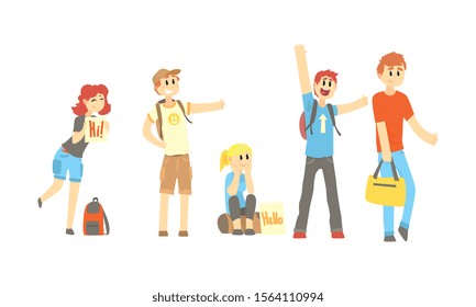 Hitch-hikers Standing Along the Road Trying to Get Car Vector Illustrations Set