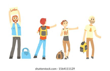 Hitch-hikers Standing Along the Road Trying to Get Car Vector Illustrations Set