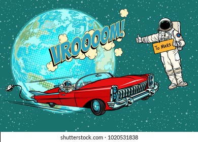 Hitchhiking astronaut waiting for the electric car in space. flight to Mars. Pop art retro comic book vector cartoon hand drawn illustration