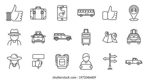 Hitchhiking automobile icons set. Outline set of hitchhiking automobile vector icons for web design isolated on white background