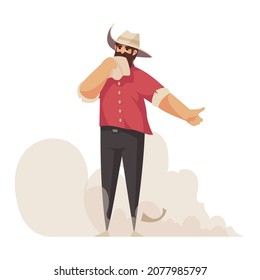 Hitchhiking autostop composition with doodle style character of traveling cowboy with dust clouds vector illustration