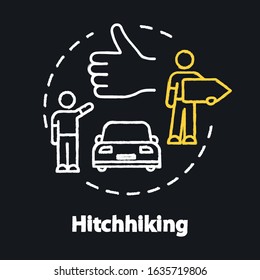 Hitchhiking chalk RGB color concept icon. Money saving road trip, cheap transportation idea. Tourist catching ride, carpooling. Vector isolated chalkboard illustration on black background