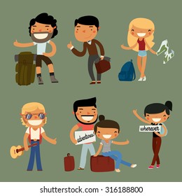 hitchhiking character set. hiking set. cartoon travelers. vector illustration