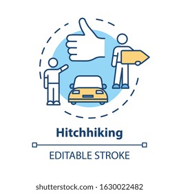 Hitchhiking concept icon. Money saving road trip, cheap transportation idea thin line illustration. Tourist catching ride vector isolated outline RGB color drawing. Editable stroke