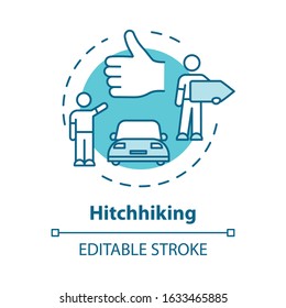 Hitchhiking concept icon. Money saving road trip, cheap transportation idea thin line illustration. Tourist catching ride vector isolated outline RGB color drawing. Editable stroke