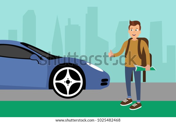 Hitch-hiking. Eps vector illustration of\
cheerful young traveller man hitching a car on a\
road.