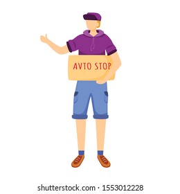 Hitchhiking experience flat vector illustration. Trip ideas for youth. Budget tourism. Boy waits for car. Cheap travelling ideas for students isolated cartoon character on white background