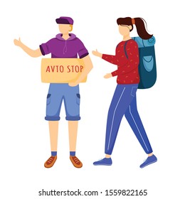 Hitchhiking experience flat vector illustration. Trip ideas for youth. Budget tourism. Boy and girl wait for car. Cheap travelling ideas for students isolated cartoon character on white background