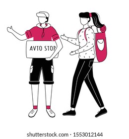 Hitchhiking flat contour vector illustration. Budget tourism. Cheap travelling ideas for students isolated cartoon outline character on white background. Waiting for car simple drawing